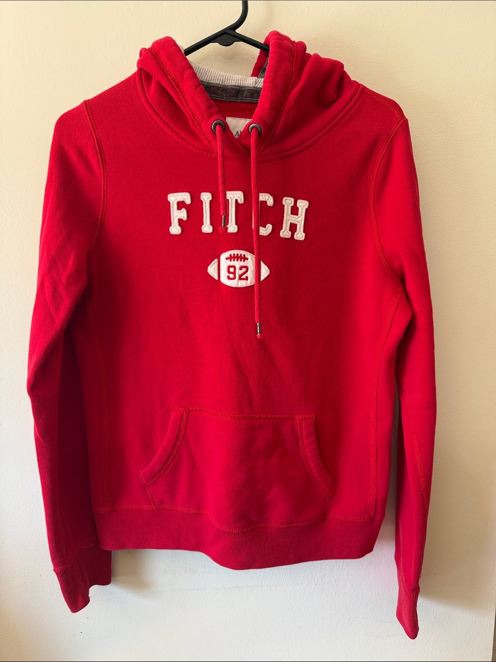 Abercrombie & Fitch Red Hoodie with 'FITCH' Applique & football sz L Y2K style
